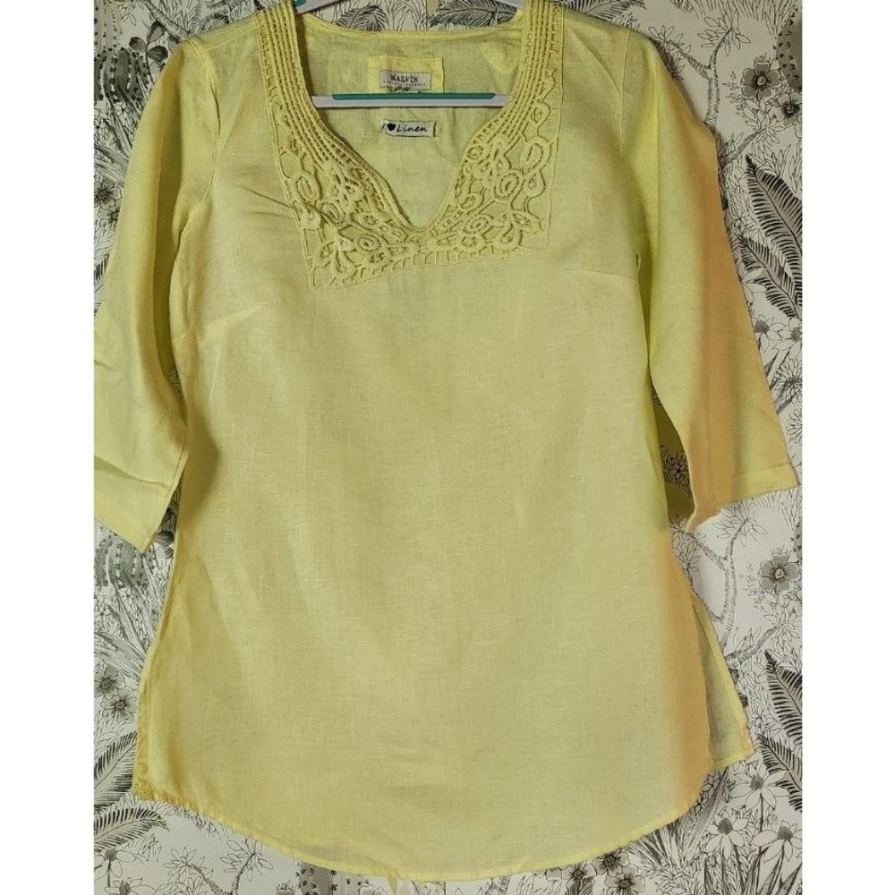 Malvin Yellow Linen Battenburg Lace Tunic Top Medium M